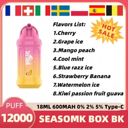 Orijinal Seasomk Kutusu BK 12000 Puf Teslim Edilebilir Vape Kalem 8 Lezzetler Vape Bangbar 18ml Önceden doldurulmuş Pod 600 Mah Şarj Edilebilir Pil Renk Kiti Vs Bang King Puff 12K 15K