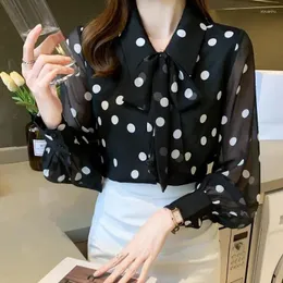 여자 블라우스 dayifun 패션 화이트 닷 프린트 여성 셔츠 시폰 활 목걸이 큰 크기 검은 메쉬 긴 슬리브 탑 사무실 Blusas