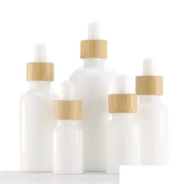 Bottiglie contagocce Bottiglie contagocce siero in vetro porcellana bianca all'ingrosso per la cura della pelle con pipetta in bambù 10 ml 15 ml 20 m Dhduj