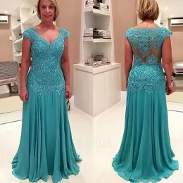 Hunter Green Chiffon Lace Mother of the Bride Dresses A Line V-ringningsapplikationer Mother of Bride Groom Dress Plus Size Size Dress Evening Dress