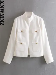 سترات نسائية Xnwmnz Fashion 2024 Standing Twlar Blazer Women Vintage Long Sleeve Pocket Button Coat propledile female