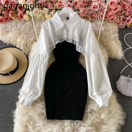 Dresses Gaganight Elegant 2 Pieces Set Women Ruffles Puff Long Sleeve White Crop Shirt+solid Black Spaghetti Strap Midi Dresses Suits