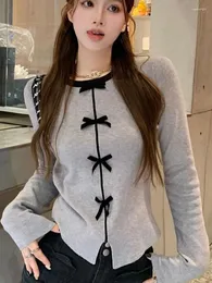 T-shirt da donna Camicia grigia Donna Primavera Autunno Manica lunga Casual Y2k Top Moda coreana Dolce e carino Fiocco Tees O-Collo Slim Fit Split