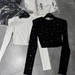 Mulheres camisetas Crop Tops Moda Camisetas para Mulheres O-pescoço Manga Longa Coreano Tees 2024 Ropa Mujer Temperamento Diamante Túnica Preto Y2L