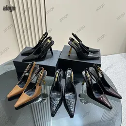 Klädskor Nytt patentläder spänne slingback pumpar skor stilett klackar sandaler 7 cm 9 cm kvinnors designer fyrkantiga tå kvällskor 35-42