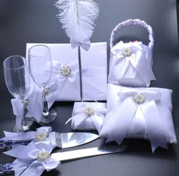 Beautiful White Flower Wedding Ring Pillow Flower Basket Guest Book Bearer Feather Pen Favor 6 in 1 Set 5in16113861