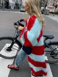 Kobiety dla kobiet swobodny streetwear długi kardigan dla kobiet 2024 jesień zimowy paski patchwork leniwy w stylu gęsty ciepły dzianin