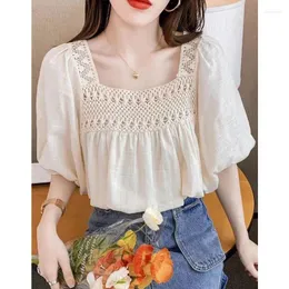 Bluzki damskie 2024 Summer Korean Fashion Pure Cotton Hollow Out Blouse Ladies Literacki Vintage Tops Kobiety Puff Short Sleeve Koszula