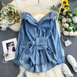 Bel kemeri ile kadın denim gömlek elbisesi tek göğüslü cep ceket denim zirvesi bel bantlı açık ön hırka a-line elbise vestido 240220