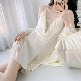 Women's Sleepwear Women Lace Kimono Bathrobe Suit Summer Rayon Satin Nightdress Bride Robes Set Loungewear Casual