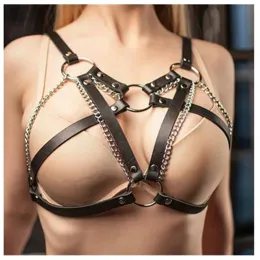 Collane Goth Imbracatura in pelle Catene di metallo Collana Reggiseno da donna Top Cintura a catena sul petto Strega Punk gotico Moda Ragazza Festival Gioielli