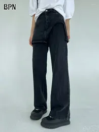 Kvinnor byxor bpn solid oregelbunden demim för kvinnor hög midja streetwear bantning minimalistiska breda ben jeans kvinnliga modekläder