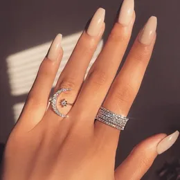 2019 Yeni Moda 100% 925 Silver Ring Moon Star Kadınlar İçin Göz Kazandırıcı Açık Parmak Yüzüğü Kız Mücevherleri Saf Düğün Nişan Hediyesi310z