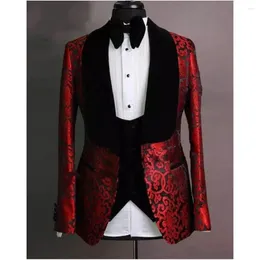 Męskie garnitury czarne z burgundy Paisley Men 3 sztuki Slim Fit Costume Homme Groom Tuxedos Wedding (Blazer Pants Vest)