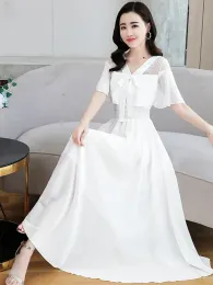 Sukienki Summer Elegancka długa biała sukienka kobiety vneck szata prosta sukienki koreańskie vestidos boho jurk mgła za pustą