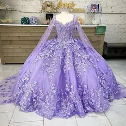 lavender Butterfly Quinceanera Dresses With Cape Lace Applique Beads Sweet 16 Dress Mexican Prom Gowns 2024 Vestidos De XV Anos