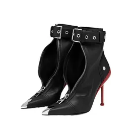 Belt Buckle Front Zipper Fashion Show Short Boots Women Autumn Winter New Pointed Metal Decoration Red High Heels Ankle Boots Size 34-43 color block runway women shoes
