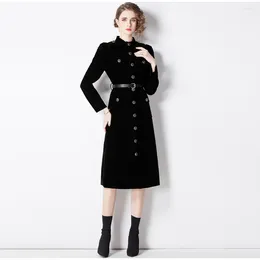 Casual Dresses Autumn Winter Women Black Velvet Dress Office Ladies Single Breasted Pocket Stand Collar Suit Coat Trench Party Midi Vestidos
