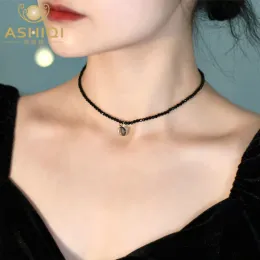 Necklaces ASHIQI Super Cute Cat 925 sterling silver Black Spinel Necklace Shell Black Cat Fashion Jewelry for Women