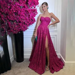 2024 Sexy Fuchsia Prom Dresses Sweetheart Full Lace A Line Prom Gowns Sleeveless Side Split Formal Evening Dress