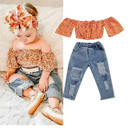 Conjunto de roupas de verão para meninas, crianças, ombro de fora, manga curta, blusas florais, calças jeans rasgadas, roupas casuais para bebês