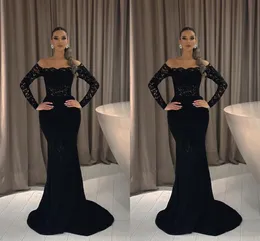 Elegant Black Full Lace Mermaid Evening Dresses Off Shoulder Long Sleeves Floor Length Prom Dress Formal Wear Birthday Party Special Occasion Gowns