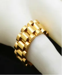 Classic Luxury 24K Gold Plated Men Watchband Rings Stainless Steel Golden Link Ring Hip Hop Mens Style Men Ring Watches Band Ring2997017