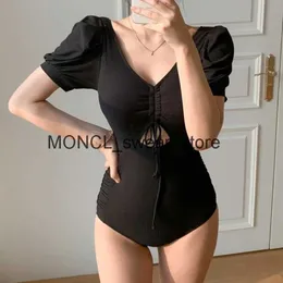 Women's Swimwear Short Sleeve One Piece Swimsuit Women Solid Cut Out Monokini Push Up Swim Suit Korea Style Bathing Pad Open BackH2422088