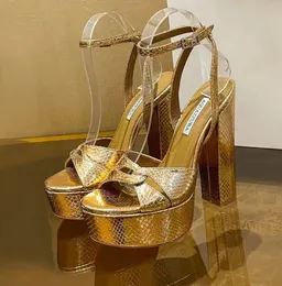 Aquazzura Sandal Sinner Plateau Gold Women's Metallic Feeling Platform High Heeled Sandalsチャンキーブロックアンクルストラップドレスシューズデザイナーパンプスイブニングシューズ35-43