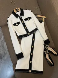 Spring White Contrast Color Two Piece Dress Sets Long Sleeve Lapel Neck Denim Single-Breasted Coat With Buttons Mid-Calf Skirt Set Two Piece Suits O3N022335