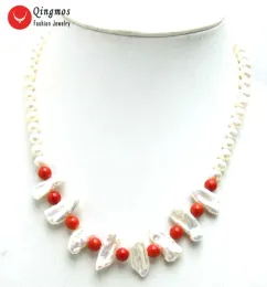 Naszyjniki qingmos naturalny naszyjnik perłowy dla kobiet z 67 mm okrągły 1215 mm Biwa Pearl 6 mm czerwony naszyjnik koralowy biżuteria 17 '' NEC6126