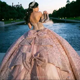 Rosegold funkelnde Kristall Applikationen Bogen Quinceanera Kleider Ballkleid ärmellose Perlen Rüschen Korsett für süße 15 Mädchen 0523