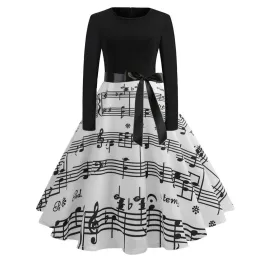 Klänningar kvinnor långärmad vinter vintage klänningar sexig svart musik anteckning tryck vneck rockabilly pin up festklänning vestidos plus storlek