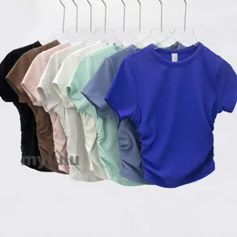 Damen-Yoga-T-Shirt, gerippt, Rundhalsausschnitt, kurzärmelig, Sommer-Top, vielseitig, elastisch, Kordelzug, Sport, Fitness, einfarbig