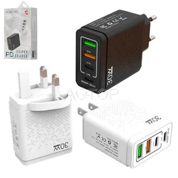 Adaptador de parede multiporta 2usb + 2pd, tipo c, carregamento usb, 4 portas, 30w, para iphone, samsung, smartphone, ue/eua/reino unido, adaptado