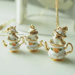 Colares Pingente Criativo Bonito Dos Desenhos Animados Teacup Chipmunk Colar Para As Mulheres Charme Cor De Ouro Esmalte Mouse Dangle Brinco Conjunto De Jóias Presente