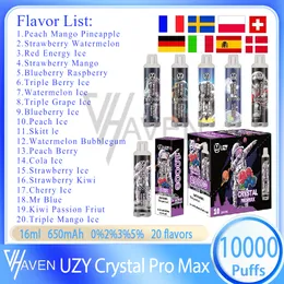 Autêntico Uzy Crystal Pro Max 10000 Puff Poft Disponível Pen Vape Pen 16ml PRÉ-ROUBRO Bobina de malha de vagem 650mAh Bateria recarregável 0%2%3%5%Pushs 10k e- Cigarro 20 sabores