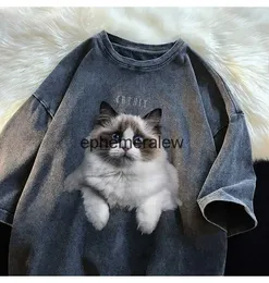 Men's T-Shirts American retro cat washed old t-shirt men and women summer loose couple outfit all-match design sense niche half-sleeved topH24220