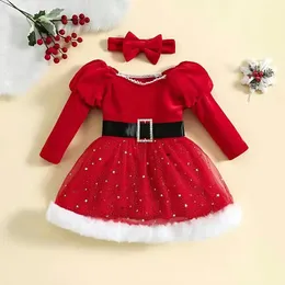 Flicka klänningar baby flickor julkläder småbarn barn röda paljetter stjärnor plysch klänning mesh fest båge pannband xmas kostymer 1-6 år