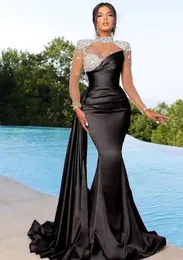 Preto vestido de noite vestidos de baile festa formal trompete manga longa lantejoulas apliques frisado cristal cetim personalizado plus size zíper rendas até nova ilusão alta pescoço