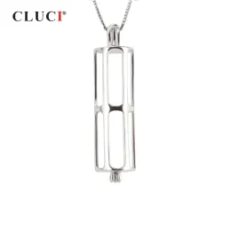 Naszyjniki Cluci 925 Sterling Srebrny cylinder klatek kształt Pearl Pendant wisiorek DIY Naszyjnik