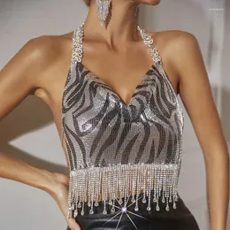 Damen-Tanktops, Strass-Diamant-Quasten-Metallic-Top, Clubwear, Blatt-Halskette, Kette, tiefer Wasserfallausschnitt, schwarz, bedrucktes Neckholder-Tanktop mit Kettenhemd