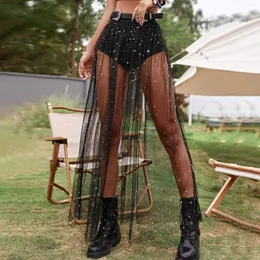 Spódnice Letnia koronkowa spódnica Kobiety czarna siatka Voile Casual Star Ceile Tiulle Bohemian Sexy Transparent Maxi Underskirt 2024