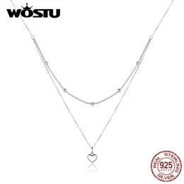 목걸이 Wostu Silver Simple Heart 목걸이 925 스털링 실버 더블 레이어 펜던트 여성 보석 선물을위한 50cm 긴 체인 링크 CTN168