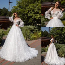 Gorgeous Wedding Dresses Sheer Jewel Neck Floral Appliqued Long Sleeves Wedding Dress Illusion Back Ruffle Sweep Train Robes De Mariee