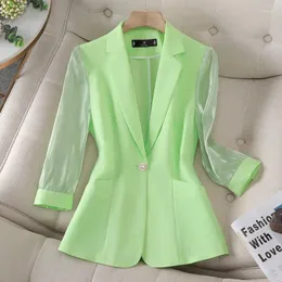 Kvinnors kostymer 2024 Kvinnor Blazer Jacket Spring Summer Fashion Mesh Three-Quarter Sleeve Slim Thin Suit Ladies Casual All Match Tops