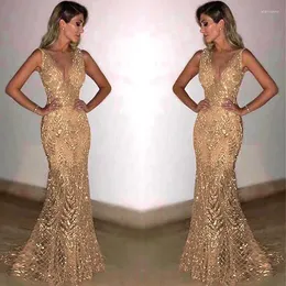 Casual Dresses Gold Sleeveless Lace Splice Bodycon Prom Dress Fashion V-neck Formal Night Party Long Sexy Sequin Slim Floor