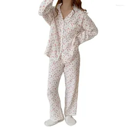 Women's Sleepwear Women Button Down 2Pcs Pajamas Set Long Sleeve Lapel V-Neck Tops And Pants Little Floral Print Loose