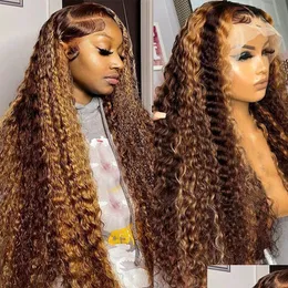 Syntetiska peruker 30 tum 13x6 Curly Highlight Ombre HD Spets Front Human Hair Wig Brazilian 4/27 Colored Deep Wave 13x4 Front för Drop DHM2W