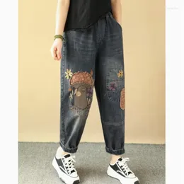 Damenjeans 24Women Frühling Herbst Vintage gewaschene Patchwork-Stickerei gebleichte lose weibliche Flut Denim knöchellange Haremshosen Wild